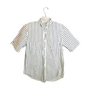 Vtg Cherokee Button Down Shirt White Navy Blue Striped Pockets Womens Size Small